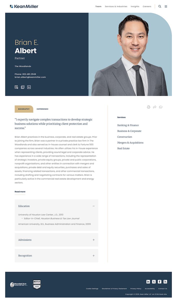 Screenshot of Kean Miller's attorney bio page