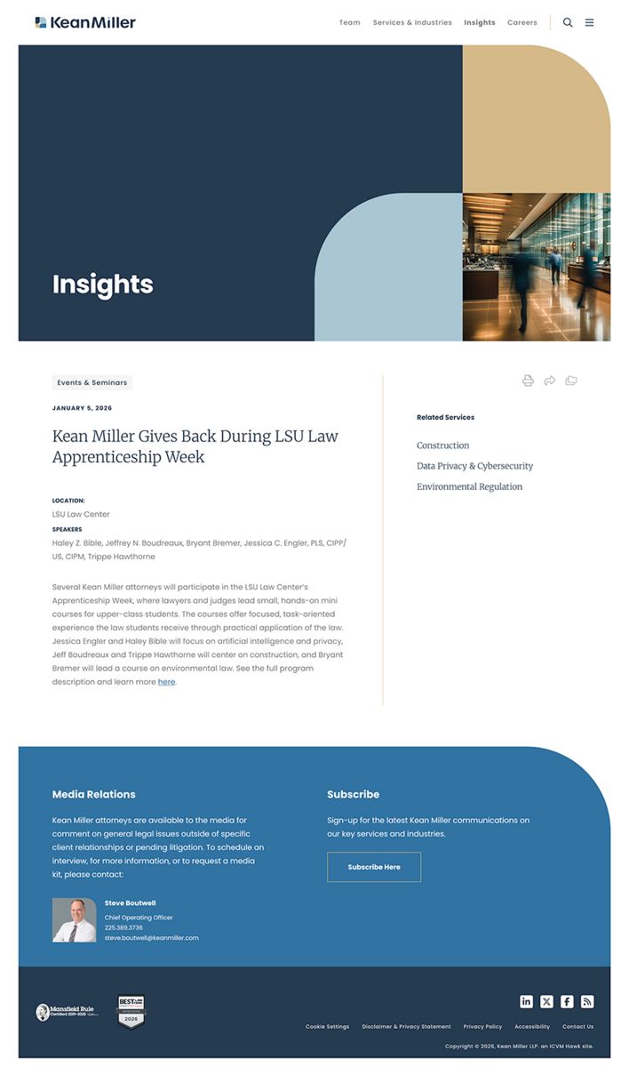 Screenshot of Kean Miller's Insights webpage