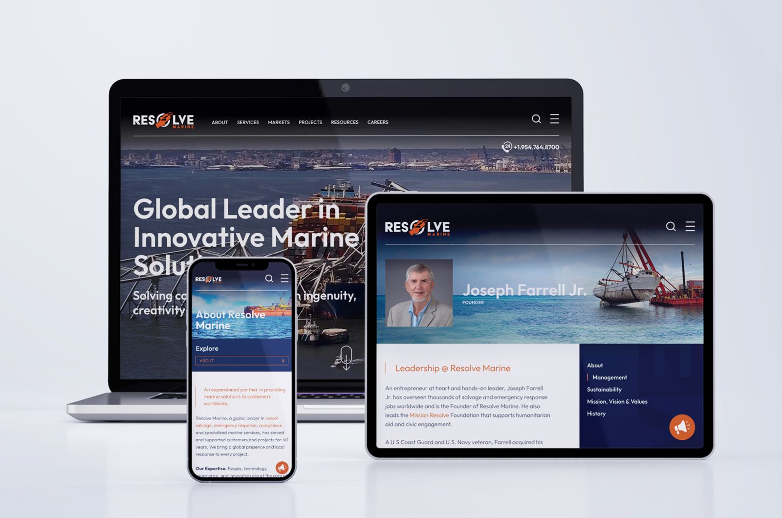 Image of Resolve Marine website on laptop, tablet and phone.